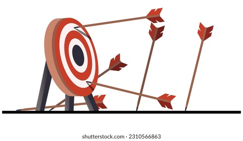 Many arrows missed the target mark. Missing shot. Several inaccurate failed attempts to hit the archery target. Business challenge failure metaphor. Flat cartoon isolated vector object illustration