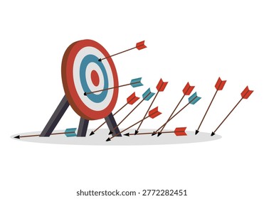 Many arrows missed the target mark. Missing shot. Several inaccurate failed attempts to hit the archery target. Business challenge failure metaphor. Flat cartoon isolated vector object illustration