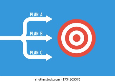 many arrows moving to one goal, different plans vector concept