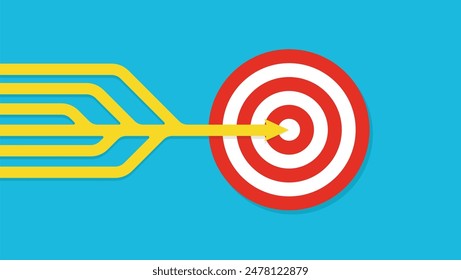 many arrows moving to one goal, different plans. Backup plan. Vector illustration in flat design. Three different arrows moving to one target. Fork of three ways. arrows pointing to one target. eps10