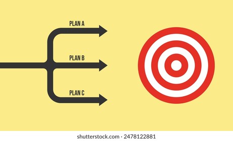 many arrows moving to one goal, different plans. Backup plan. Vector illustration in flat design. Three different arrows moving to one target. Fork of three ways. arrows pointing to one target. eps10