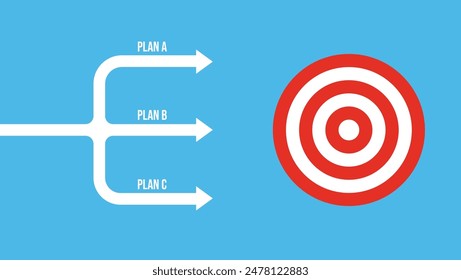 many arrows moving to one goal, different plans. Backup plan. Vector illustration in flat design. Three different arrows moving to one target. Fork of three ways. arrows pointing to one target. eps10