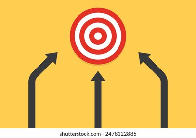 many arrows moving to one goal, different plans. Backup plan. Vector illustration in flat design. Three different arrows moving to one target. Fork of three ways. arrows pointing to one target. eps10