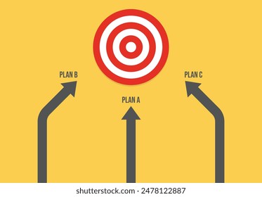 many arrows moving to one goal, different plans. Backup plan. Vector illustration in flat design. Three different arrows moving to one target. Fork of three ways. arrows pointing to one target. eps10