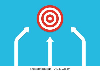 many arrows moving to one goal, different plans. Backup plan. Vector illustration in flat design. Three different arrows moving to one target. Fork of three ways. arrows pointing to one target. eps10