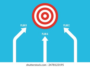 many arrows moving to one goal, different plans. Backup plan. Vector illustration in flat design. Three different arrows moving to one target. Fork of three ways. arrows pointing to one target. eps10