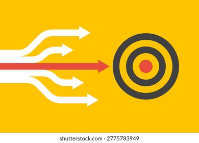 many arrows moving to one goal, teamwork or leadership vector concept, different ways to same target
