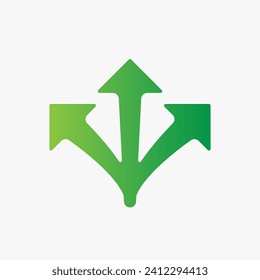 Many arrows pointing in different directions with one arrow showing main direction over green background, solution, strategy, plan or success concept