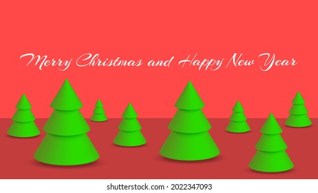 Many artificial Christmas trees with text Merry Christmas and Happy New Year party red poster background template, holiday greeting card mockup paper cut style.