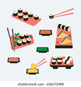 many asian sushi roll vector & seafood flat design style with chopsticks & simple sauce. modern clean cartoon sushi bar icons for restaurant.  Japanese food from Japan isolated