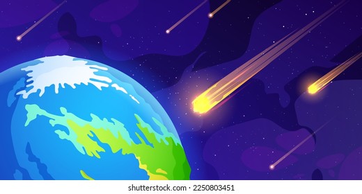 Many asteroids flying towards Earth in outer space. Vector cartoon illustration of rocky meteors with fire trails approaching planet surface, dark sky background with many stars. Apocalypse danger