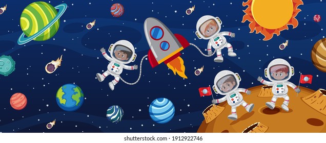 Muchos astronautas en la ilustración de fondo de la galaxia