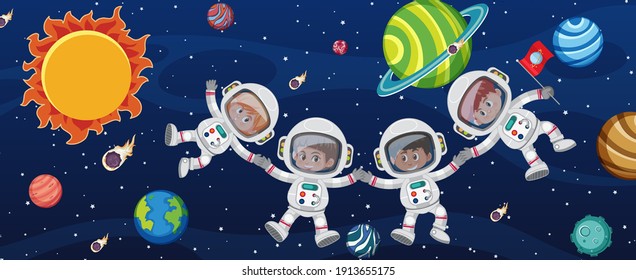 Many astronauts in the galaxy background illustration