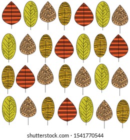 Many autumn leaves of different shapes and colors on a white background.