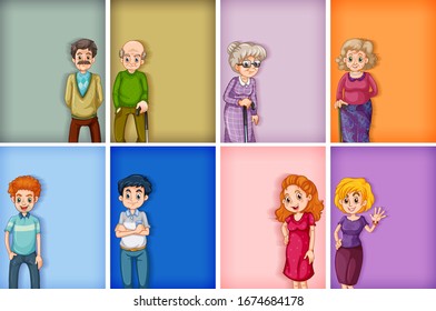 Many background template designs with men and women illustration