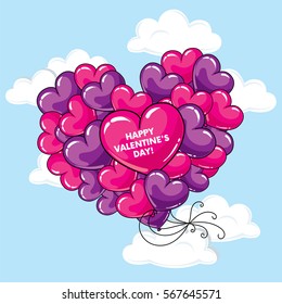 Many balloons in the shape of a heart. Balls in the sky. Vector illustration. St. Valentine's Day.