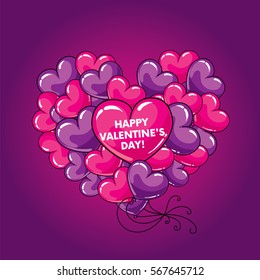 Many balloons in the shape of a heart. Balls in the sky. Vector illustration. St. Valentine's Day.