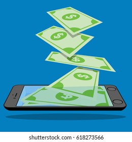 Many banknotes are falling into smart phones screen placed on the floor. Vector design
