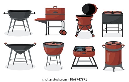 Many barbecue grills flat set for web design. Cartoon BBQ for cooking steak, meat and vegetables outdoors isolated vector illustration collection. Delicious grilled food and equipment concept