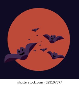 many bats fly in front of red moon on dark blue background, Halloween concept flat vector illustration