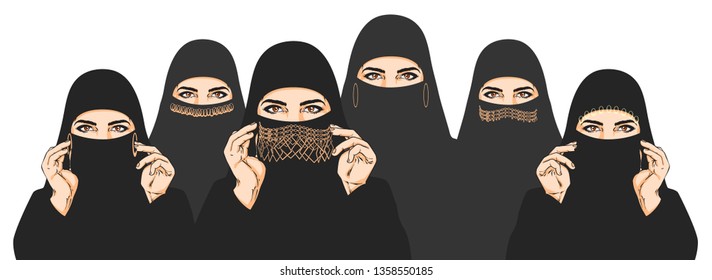 Many beautiful arabic womens with gold accessory, vector illustration isolated on white background