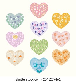 Many beautiful hearts with floral decor on white background