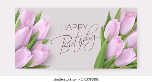 Many beautiful Tulips on the left and right of the horizontal card on a light background and calligraphic inscription Happy birthday. Photo-realistic vector light lilac flowers.