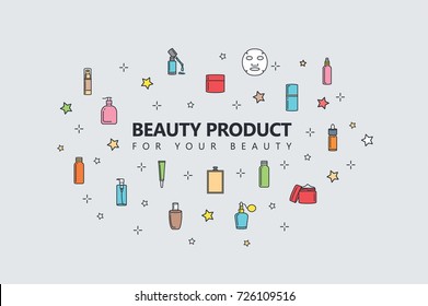Many Beauty product and Accessories around "Beauty Product" word on blue background. Illustration about skin care.