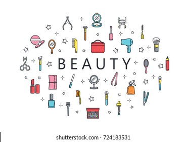 Many Beauty tool and Accessories around wording. Illustration about woman equipment  and makeup.