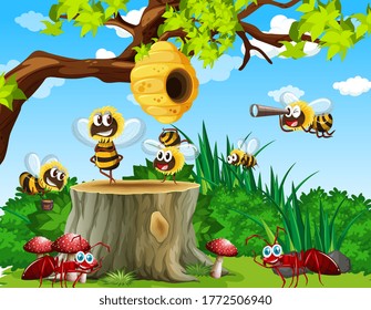 Many bees and ants living in the garden scene with honeycomb illustration