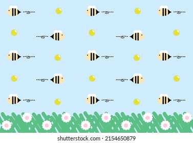 Many bees fly around on a blue background with grass and flowers below