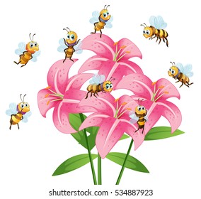 Many bees flying around the lily flower illustration