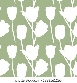 Many bid tulips silhouettes vector seamless pattern. Spring flowers print. Botanical background. Textile design. Hand drawn floral illustration. Simple flat shape. Graphic drawing. Blooming open bud
