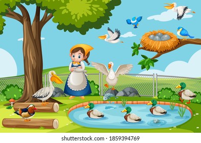 Many birds in the nature park scene with gardener girl illustration