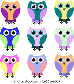 Many Birds Owls Different Vibrant Colors Stock Vector (Royalty Free ...