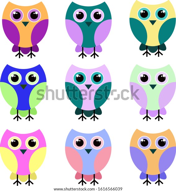 Many Birds Owls Different Vibrant Colors Stock Vector (Royalty Free ...