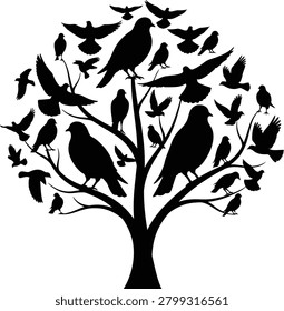 Many Birds Sitting Flying On Tree Branches Silhouette Wildlife Nature Flock Black Vector Illustration Isolated White Background