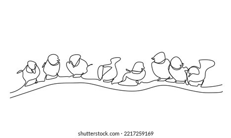 many birds are talking together on a tree branch, they are chatting