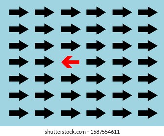 Many black arrows in the same direction and a red one in opposite direction