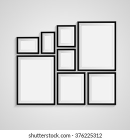 Many black blank picture. Frame template for design poster. Picture frames set. Vector EPS10