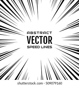 Many black comic radial speed Lines on white base. Effect power explosion illustration. Comic book design element. Graphic Explosion with Speed Lines in comic book style. Vector Illustration