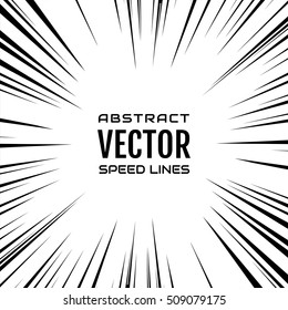 Many black comic radial speed Lines on white base. Effect power explosion illustration. Comic book design element. Graphic Explosion with Speed Lines in comic book style. Vector Illustration