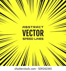 Muchas líneas de velocidad radial de cómic negro en base amarilla. Ilustración de la explosión de potencia de efecto. Elemento de diseño de historietas. Explosión gráfica al estilo de las historietas. Ilustración vectorial