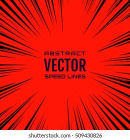 Many black comic radial speed Lines on red background. Effect power explosion illustration. Comic book design element. Graphic Explosion with Speed Lines in comic book style. Vector Illustration
