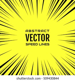 Many black comic radial speed Lines on yellow base. Effect power explosion illustration. Comic book design element. Graphic Explosion with Speed Lines in comic book style. Vector Illustration