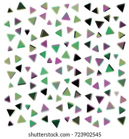 Many Black, Green and Violet Triangles of Different Size on White Background