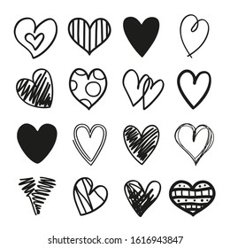 Many black hearts on isolated white background. Set of elements for design. Black and white illustration