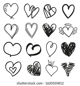 Many black hearts on isolated white background. Set of different hearts. Black and white illustration