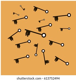 Many Black Keys of Different Shape and Size on Orange Background