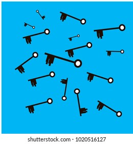 Many Black Keys of Different Size on Blue Background